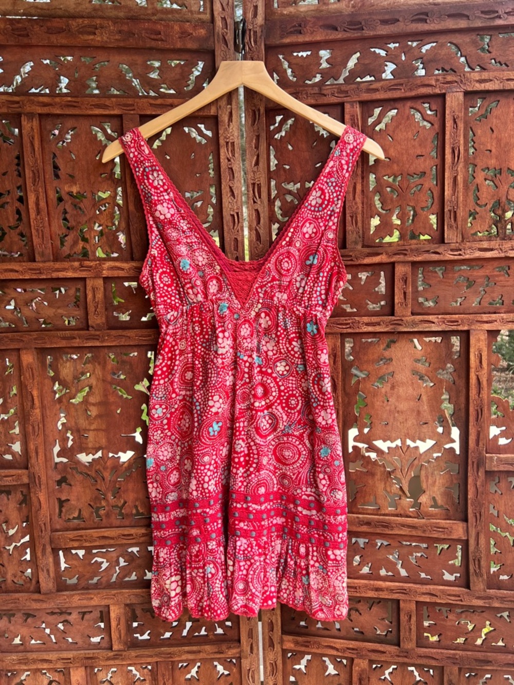 Free People Red Printed V-Neck Tunic Dress
